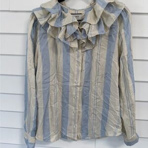 J. Crew Blue and Cream Striped Ruffle Collar Button-Down